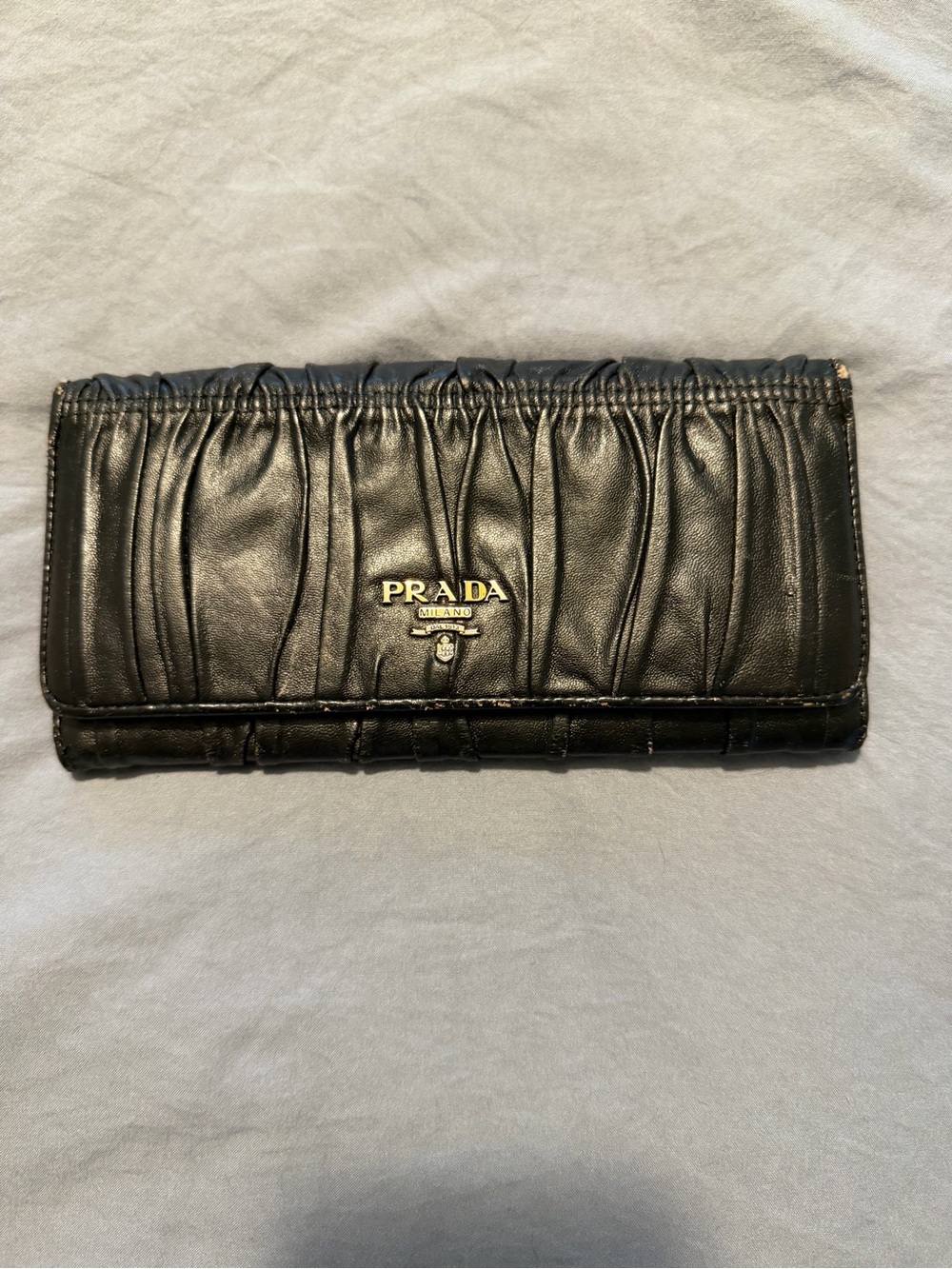 Prada Black Leather Pleated Long Wallet with Gold Logo